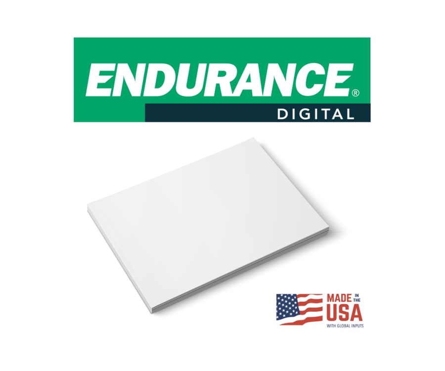 A stack of white paper sheets with a green and black banner above and a Made in USA label with an American flag below. 20051601